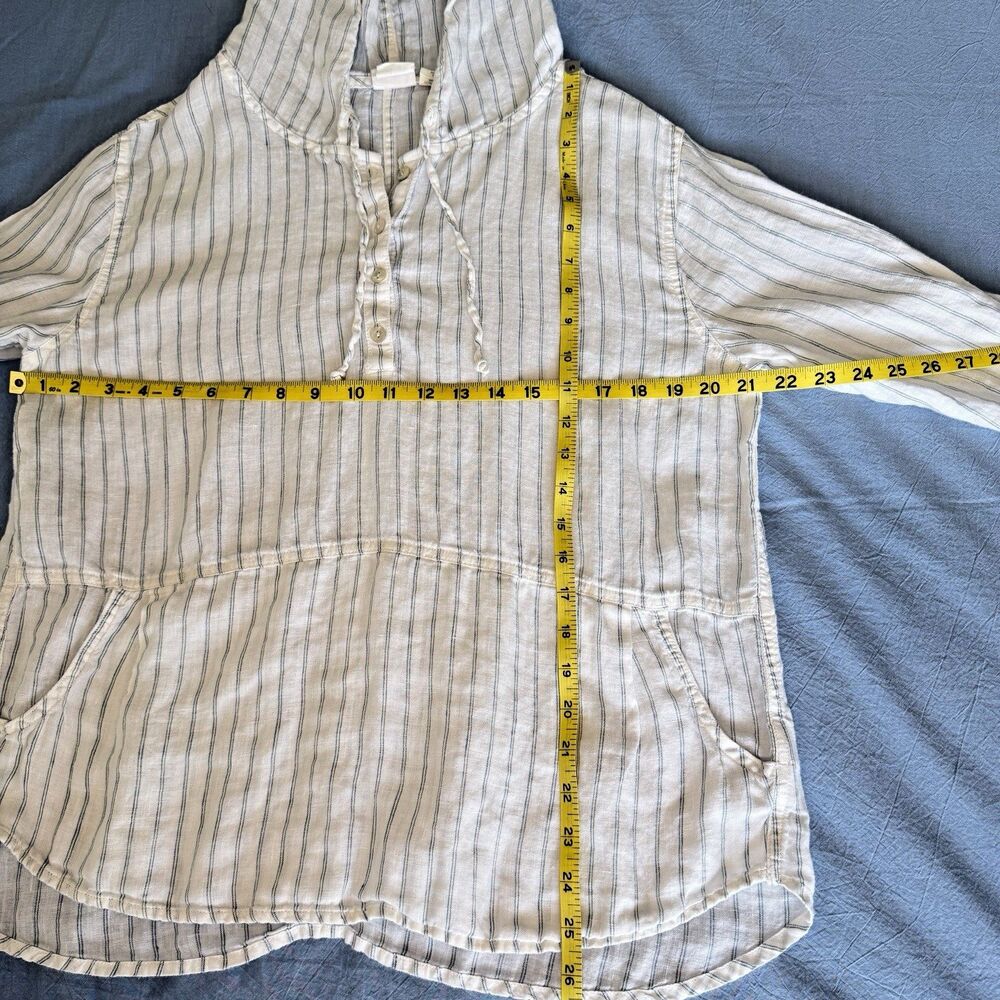 C&C California Womens Medium 100% Linen Striped Hoodie Pullover Shirt White Blue - Picture 13 of 15